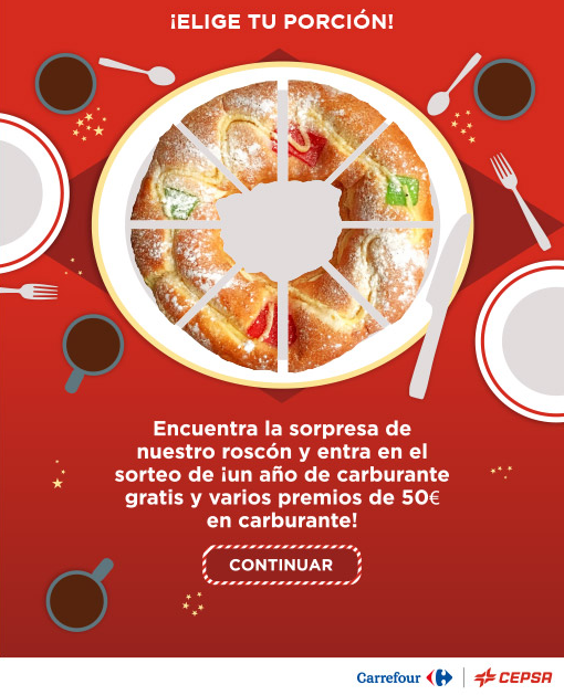Roscón de Reyes interactivo de Cepsa y Carrefour donde el usuario elige porción y descubre si gana carburante gratis