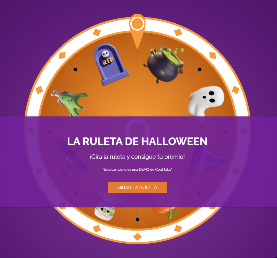 Ruleta de Halloween personalizada como Instant Win con premios animados de calabazas, fantasmas y caldero