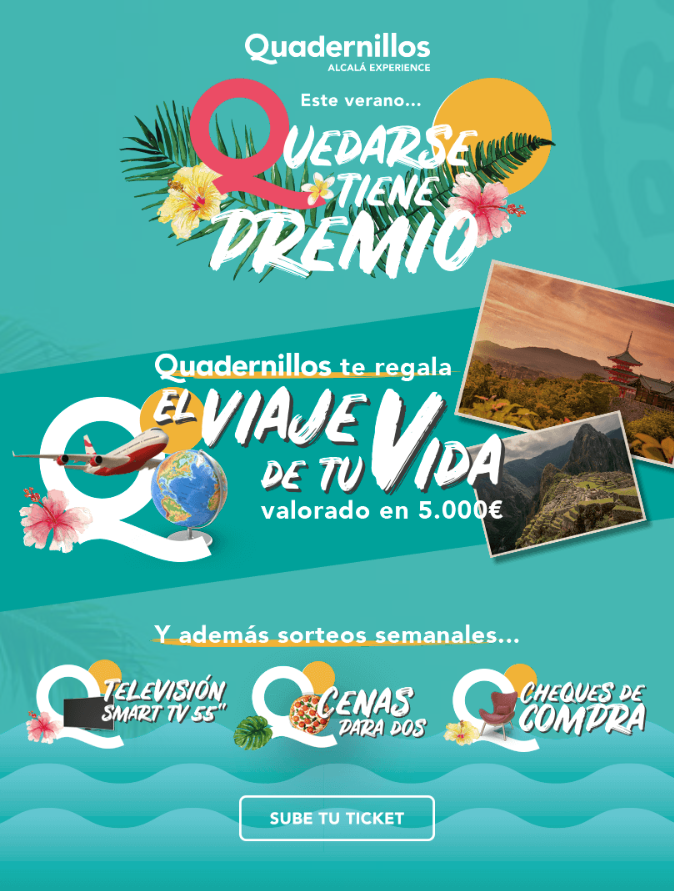 Campaña de validación de tickets de Quadernillos con la promo Quedarse tiene premio para ganar viajes y premios semanales