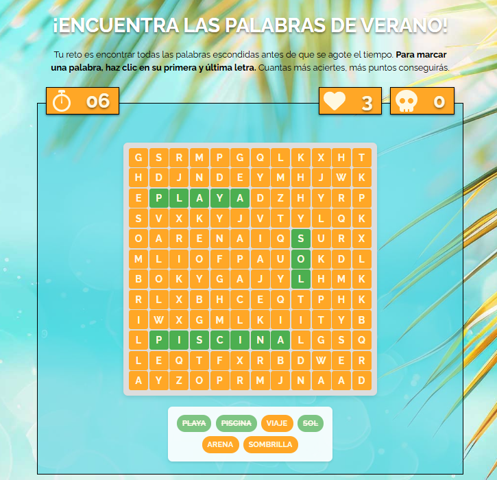 Juego de sopa de letras con palabras de verano para encontrar antes de que se agote el tiempo