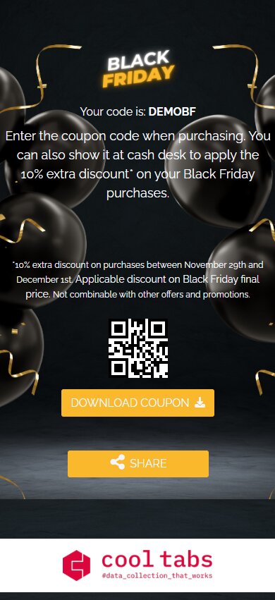 Black Friday discount coupon with a code and QR to use in store