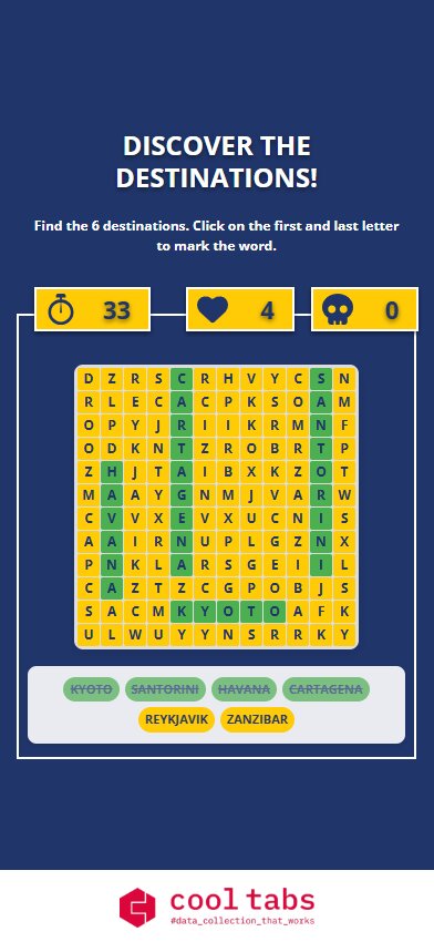 Word search to find six travel destinations